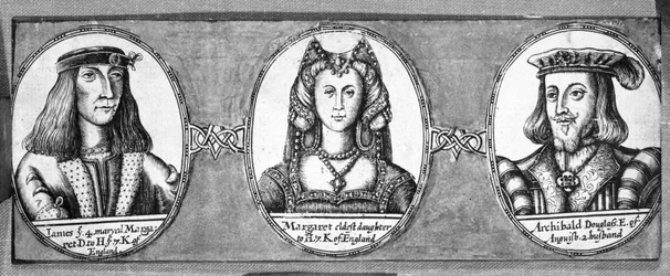 Margaret Tudor mit zwei ihrer Ehemänner, James IV. und Archibald Douglas